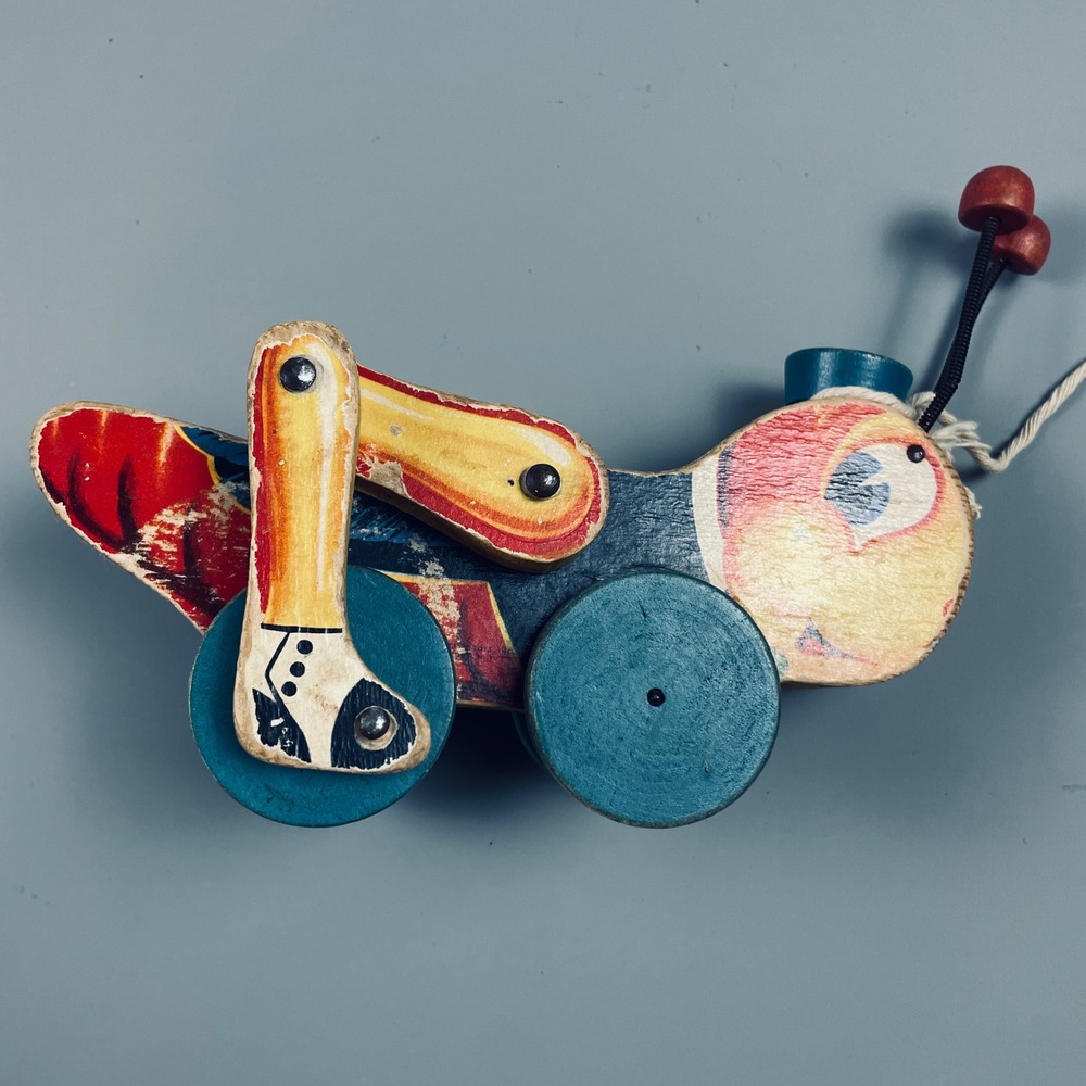 Vintage Fisher Price Kriss Kricket Wooden Pull Toy Grasshopper Blue Wheels
